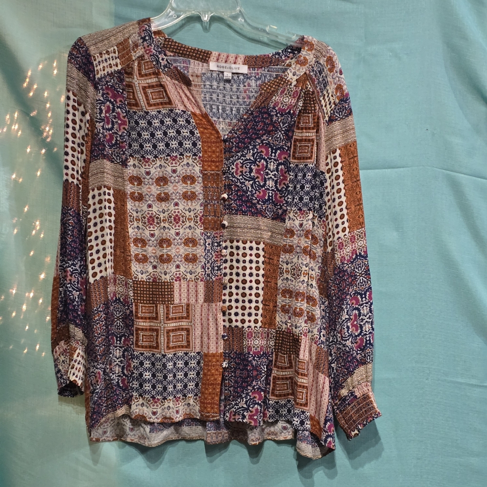 Rose + Olive, Patchwork Multicolored Rayon Button… - image 2